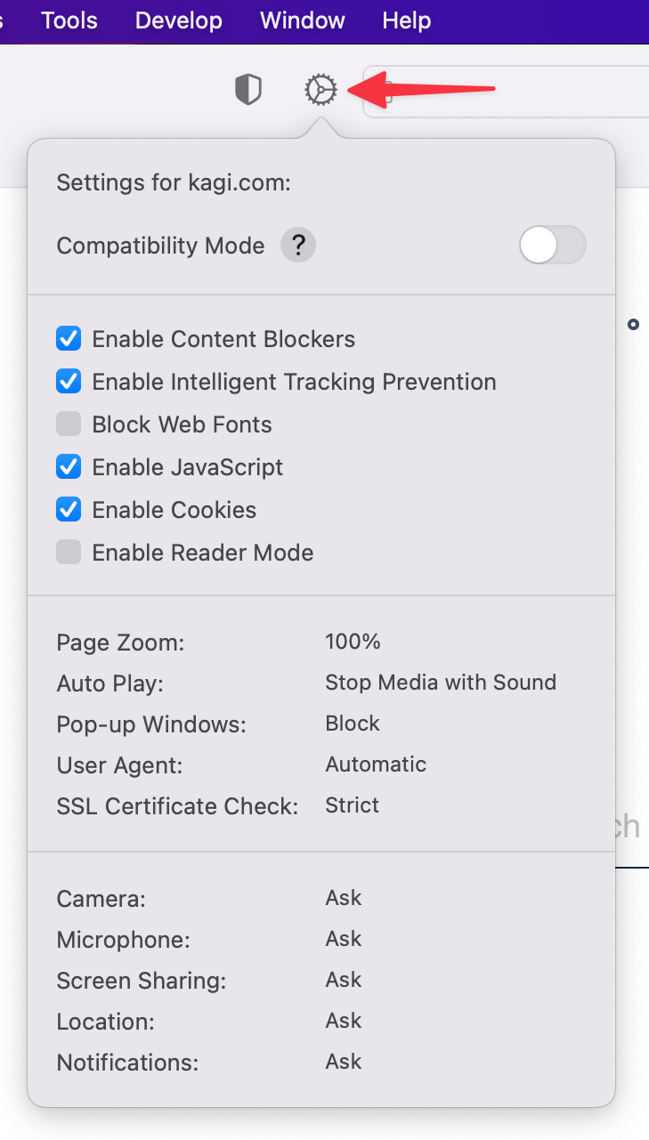 macOS Website Settings